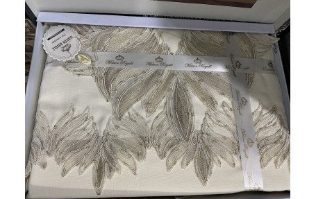 Турецька льняна скатертина 160х220 см Haspen Rose з мереживом
