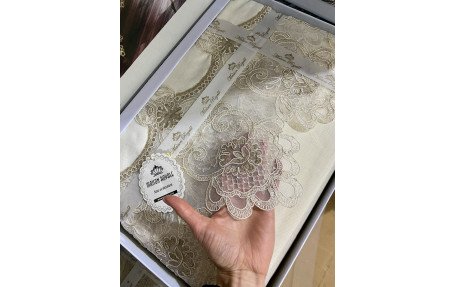 Турецька льняна скатертина 160х220 см Haspen Linda з мереживом