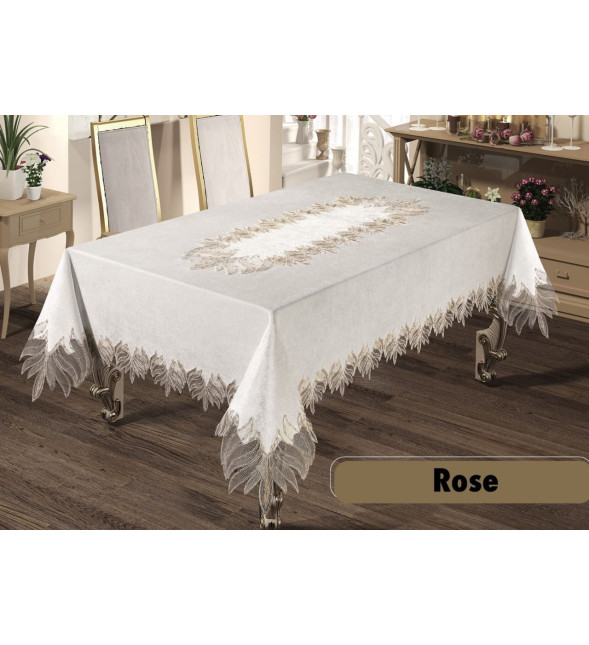 Турецька льняна скатертина 160х220 см Haspen Rose з мереживом