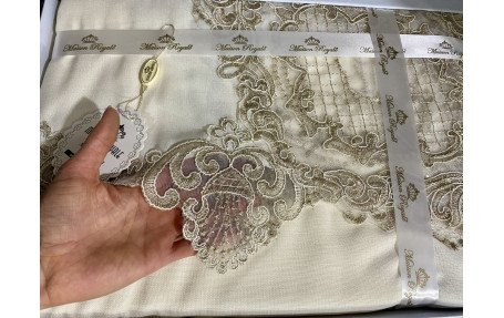 Турецька льняна скатертина 160х220 см Haspen Yildiz з мереживом