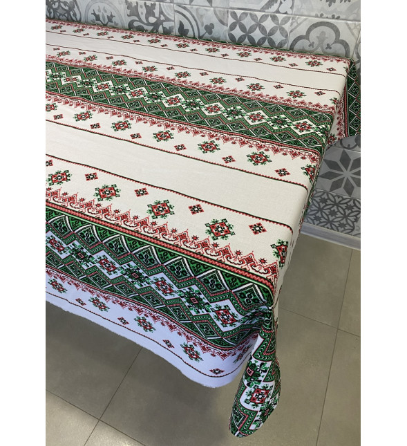 Скатертина лляна Орнамент зелений 110*150 см