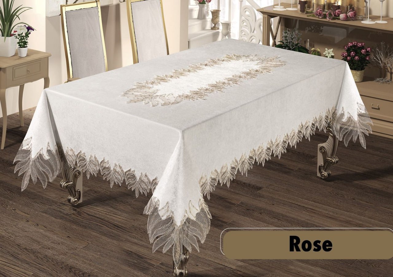 Турецька льняна скатертина 160х220 см Haspen Rose з мереживом